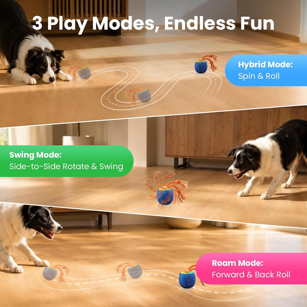 Pelota inteligente para perros, bola rodante automática de 3 modos, juguete para mascotas con cuerda y sonido de ladrido, resistente a las masticaciones