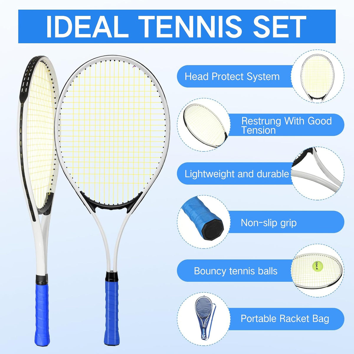 4 raquetas de tenis para adultos recreativas para 4 jugadores, raqueta de tenis ligera de 27 pulgadas con 3 pelotas de tenis para entrenar principiantes con bolsa de transporte