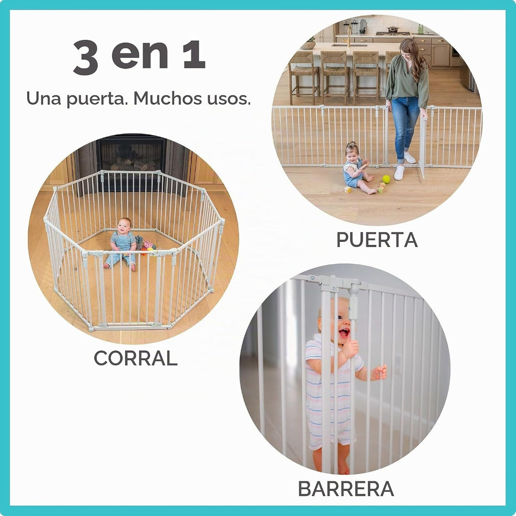 Toddleroo by North States - Patio de juegos 3 en 1 de metal Superyard para bebé: corral de 8 paneles, puerta o valla extra ancha - Cierra hasta 19 pies cuadrados - 30 pulgadas de alto - Taupe