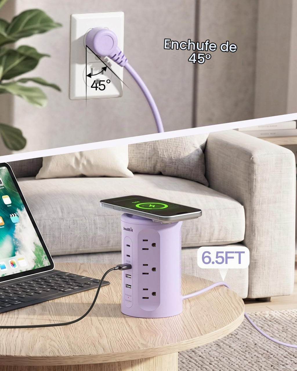 Regleta de alimentación con puertos USB, cable de extensión con múltiples salidas (12AC+3A+2C), estación de carga de torre de escritorio de 6.5 pies para el hogar, oficina, artículos esenciales para