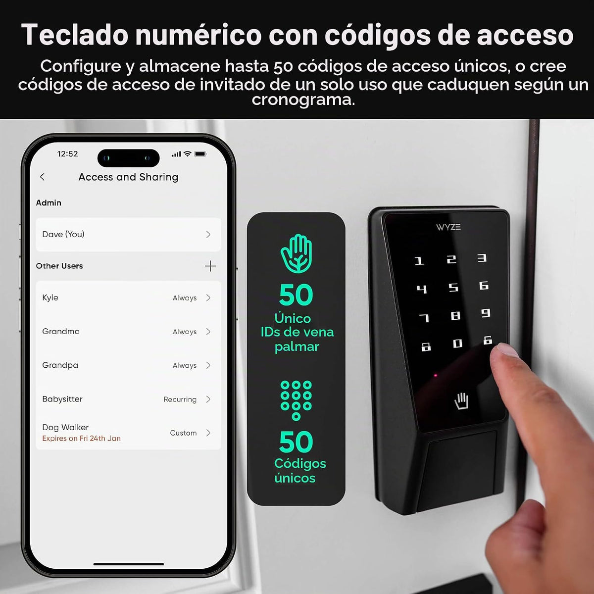 Wyze Cerradura de palma, cerradura de puerta inteligente con reconocimiento de vena de palma, cerraduras inteligentes de entrada sin llave para puerta delantera, teclado, bloqueo automático