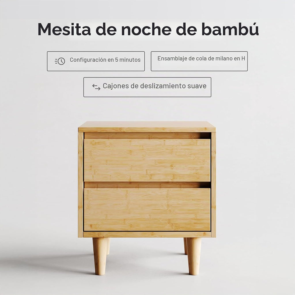 Nectar Mesita de noche de bambú, natural, 23" de altura, carpintería