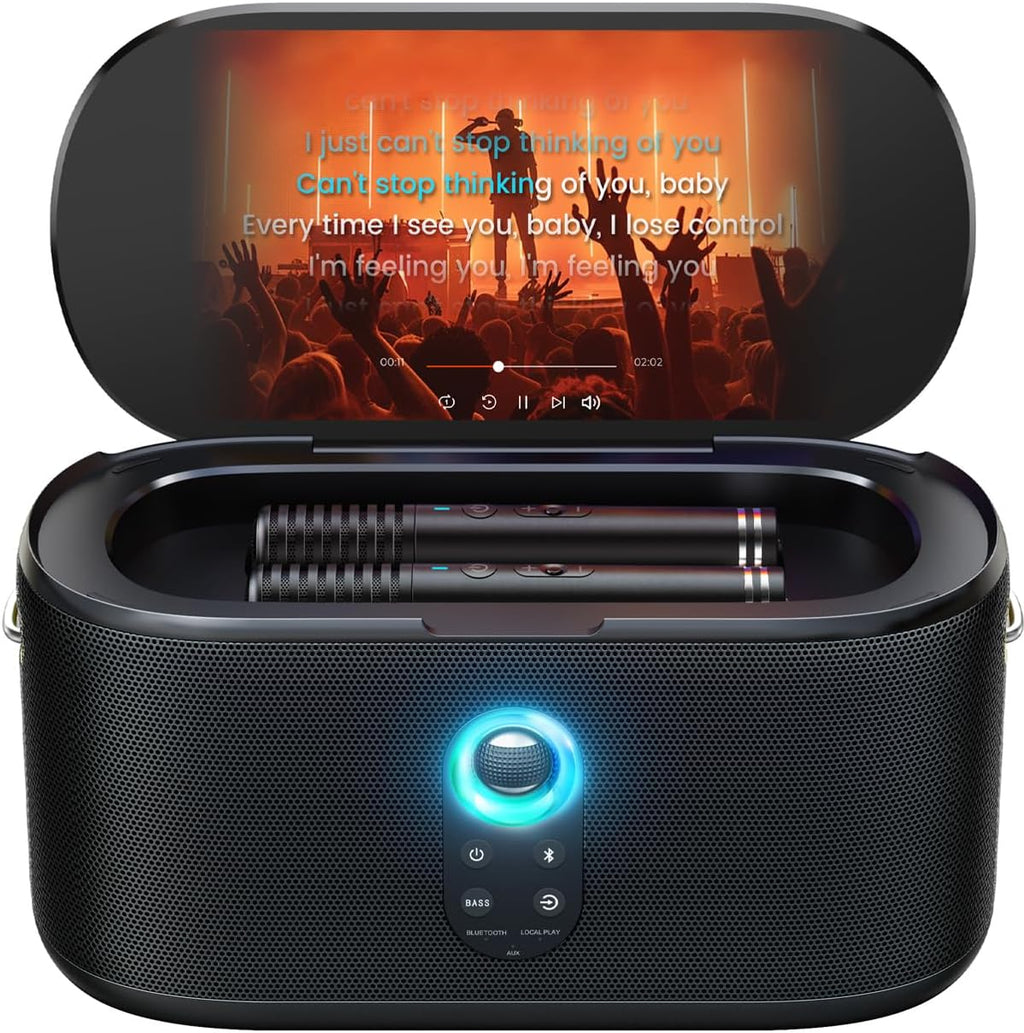 Ikarao - Máquina inteligente de karaoke, pantalla integrada de 10.1 pulgadas con letra para adultos y niños, 2 micrófonos inalámbricos de carga automática, altavoz Bluetooth portátil con sistema PA