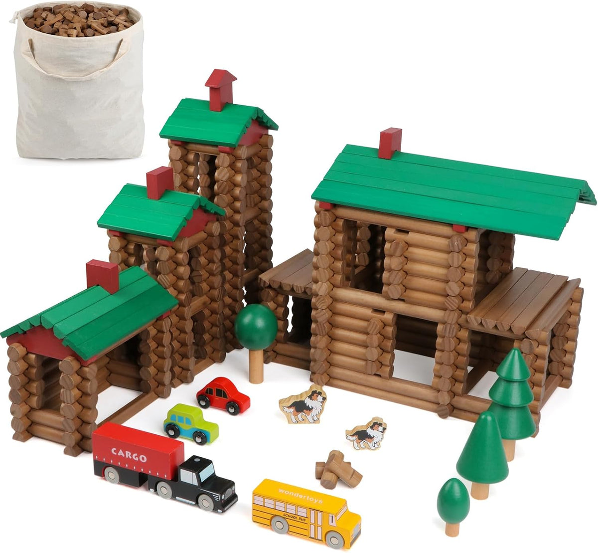Wondertoys Juego de troncos de madera de villa grande, 456 piezas, troncos de madera real, troncos de construcción clásicos a partir de 3 años, el mejor juego de regalo de construcción retro, regalos educativos de ingeniería de construcción creativa