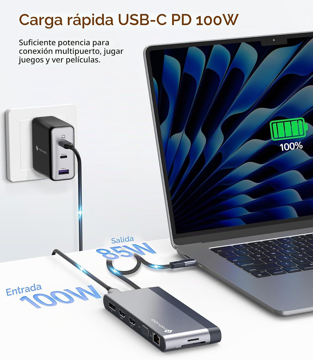 Estación de acoplamiento USB C, pantalla cuádruple, estación de acoplamiento para laptop 14 en 1, monitor doble, 8K @30Hz DP, dual 4K @60Hz HDMI, VGA, 5 puertos de datos USB, 100 W PD, Ethernet, SD/TF