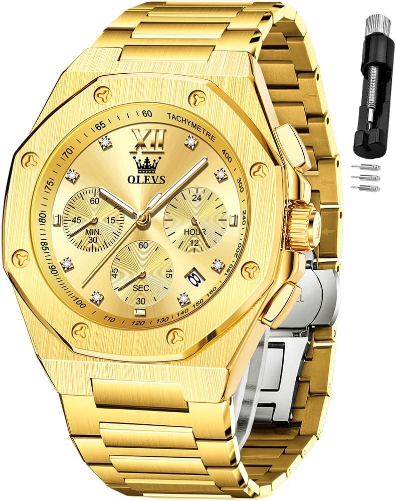OLEVS Reloj para hombre Big Face Acero inoxidable Impermeable Luminoso Diamante