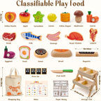 Toyssa Juego de 40 piezas de alimentos de madera con estante de tienda de comestibles y juguetes de corte, accesorios de cocina para niños pequeños, agricultores educativos, regalos de juego de rol para niñas y niños de 3 a 7 años