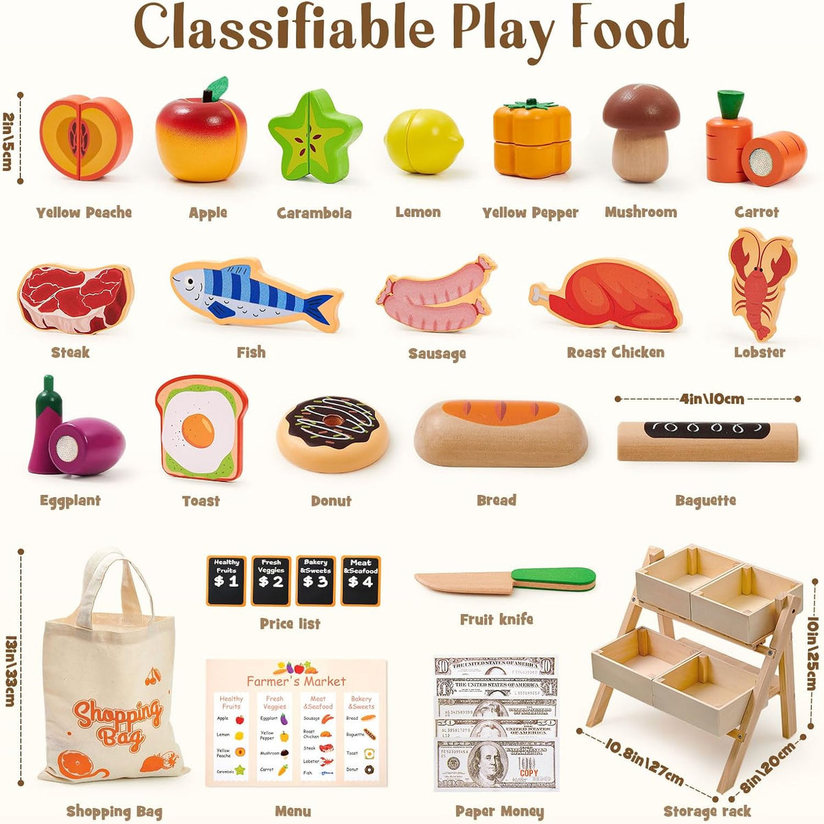Toyssa Juego de 40 piezas de alimentos de madera con estante de tienda de comestibles y juguetes de corte, accesorios de cocina para niños pequeños, agricultores educativos, regalos de juego de rol para niñas y niños de 3 a 7 años