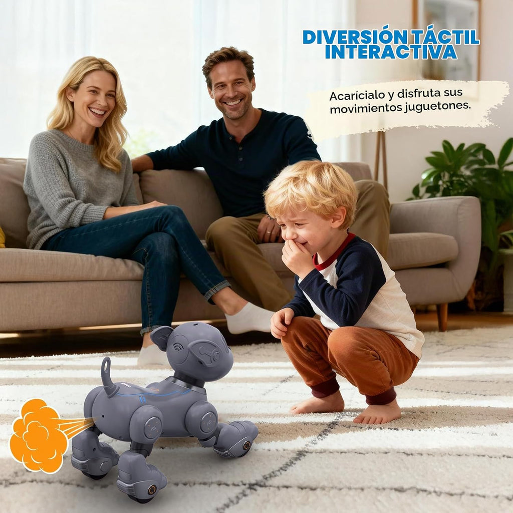 PRANITE Perro robot, juguete programable para perros con control remoto para niños con seguimiento de una tecla, control de voz, tacto, baile, canto, juguete inteligente para cachorros de acrobacias RC regalo para niños y niñas (gris)