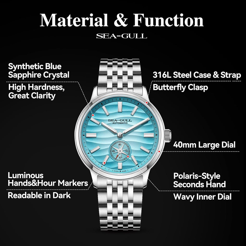 SEA-GULL Relojes mecánicos para hombre, Serie Natural, Reloj de pulsera automático, Subdial Polaris, Seagull ST17, Luminoso, 6180