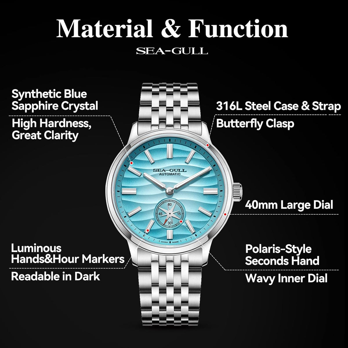 SEA-GULL Relojes mecánicos para hombre, Serie Natural, Reloj de pulsera automático, Subdial Polaris, Seagull ST17, Luminoso, 6180