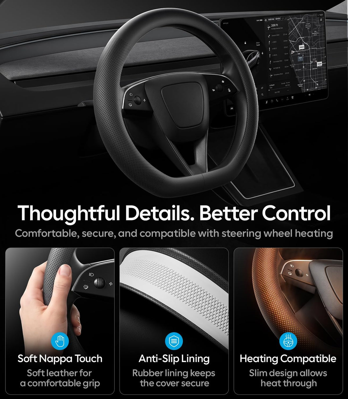 Wigoo Funda para volante para accesorios de 25 a 26 modelos Y/24-26 Modelo 3, forma D para Tesla Model Y Juniper y Model 3 Highland Premium Nappa con cuero de fibra de carbono para agarre