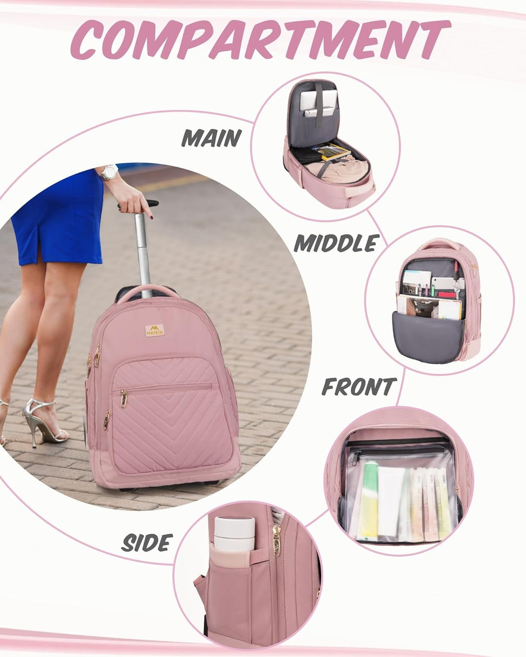 MATEIN Mochila con ruedas para mujer, mochila de viaje para laptop...