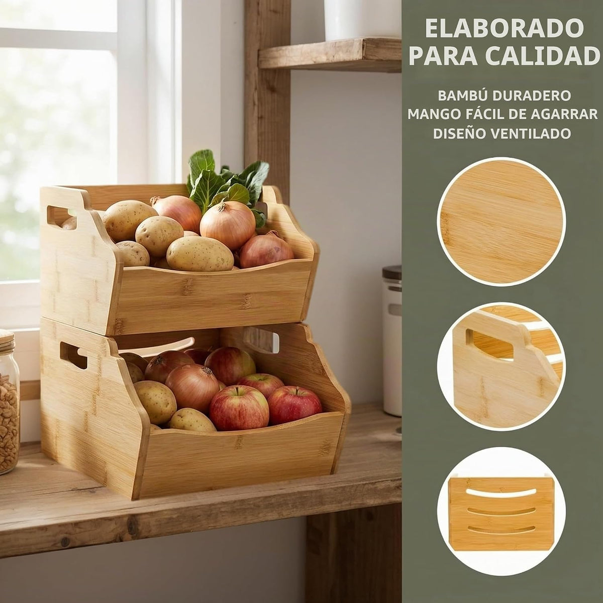 Paquete de 2 cubos de almacenamiento apilables de bambú, contenedores apilables de frente abierto para encimera, cesta organizadora de 2 niveles con asa, contenedor de alimentos y frutas para gabinete, cocina, estudio, oficina