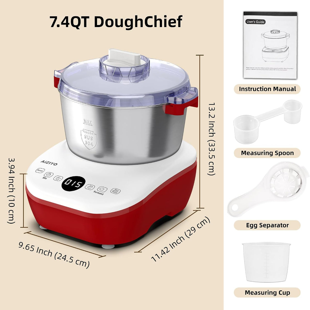 AIZIYO DoughChief, batidora de masa de 7.4 cuartos de galón, máquina de masa con función de fermentación, panificadora con tazón de acero inoxidable 304, tapa extraíble, control de panel táctil, caja de prueba para pizza y pan