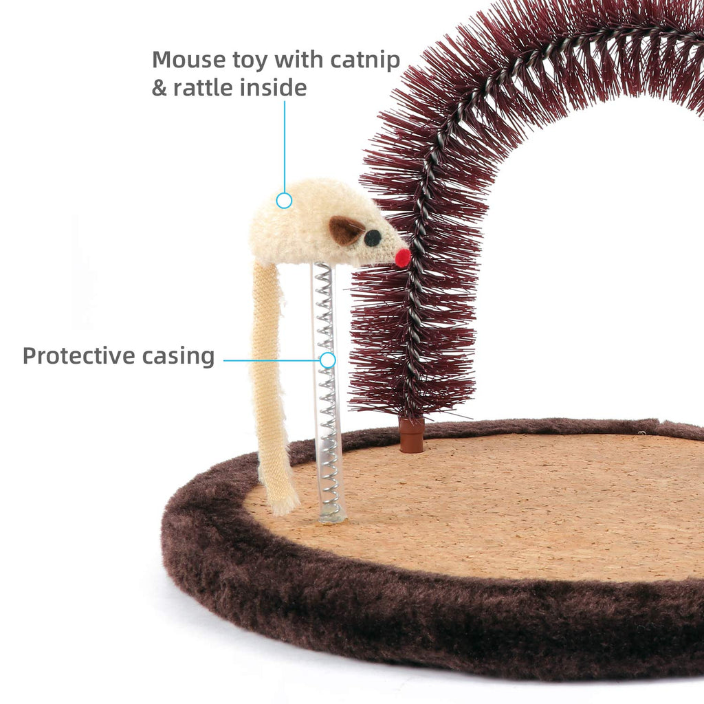 Happi N Pets Acicalador Automático Original para Gatos, Cepillo de Aseo en Arco con Almohadilla Rascadora de Madera Pesada, Poste para Frotarse y Juguete, Rascadores para la Cara del Gato y Masajeador