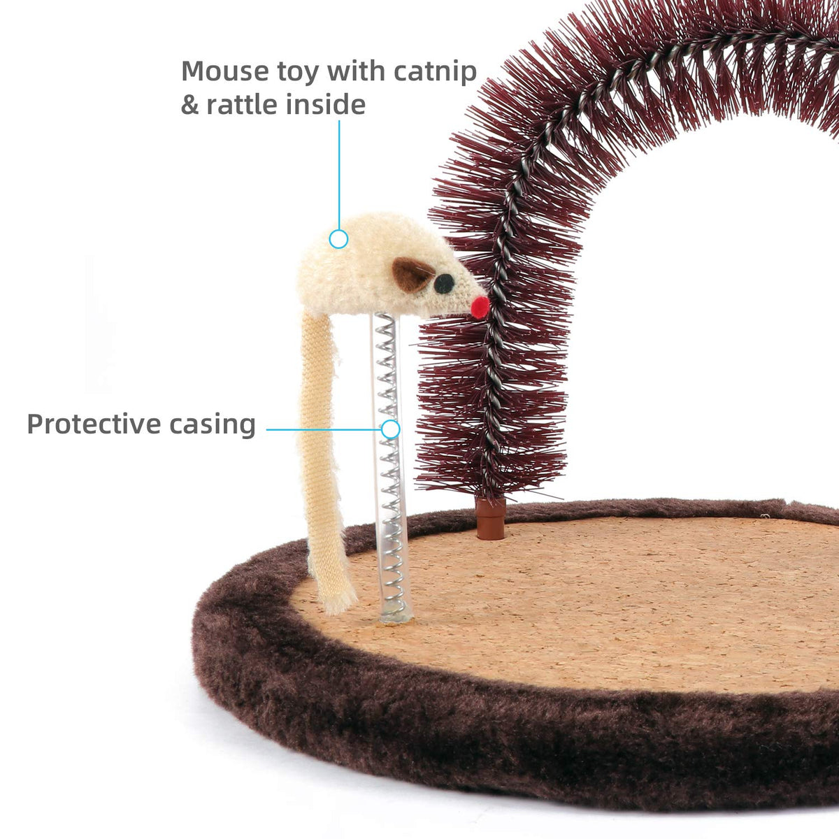Happi N Pets Acicalador Automático para Gatos Grandes, Cepillo de Aseo en Arco con Almohadilla de Rascado de Madera Pesada, Poste para Frotarse y Juguete, Masajeador Corporal Rascadores Faciales para