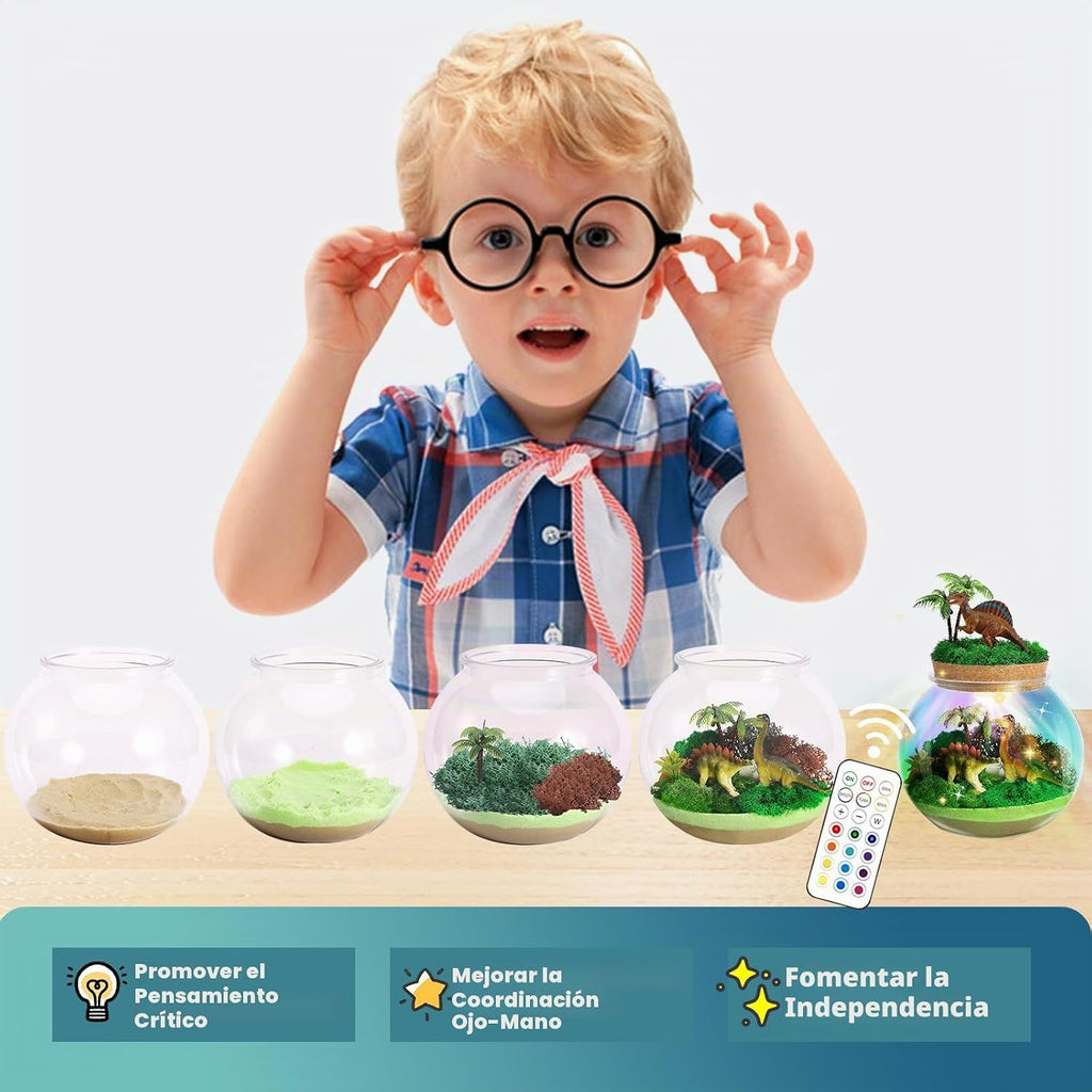 Kit de terrario iluminado de dinosaurio para niños, regalos de cumpleaños para niños de 4, 5, 6, 7, 8 a 12 años, juguetes de dinosaurio para niños con luz LED multicolor y control remoto