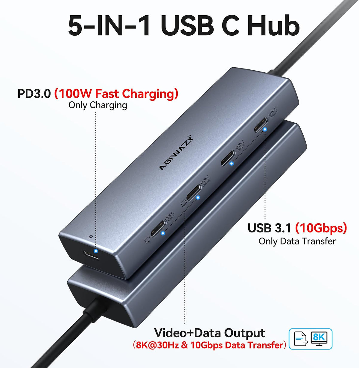 ABIWAZY, hub USB de 5 puertos