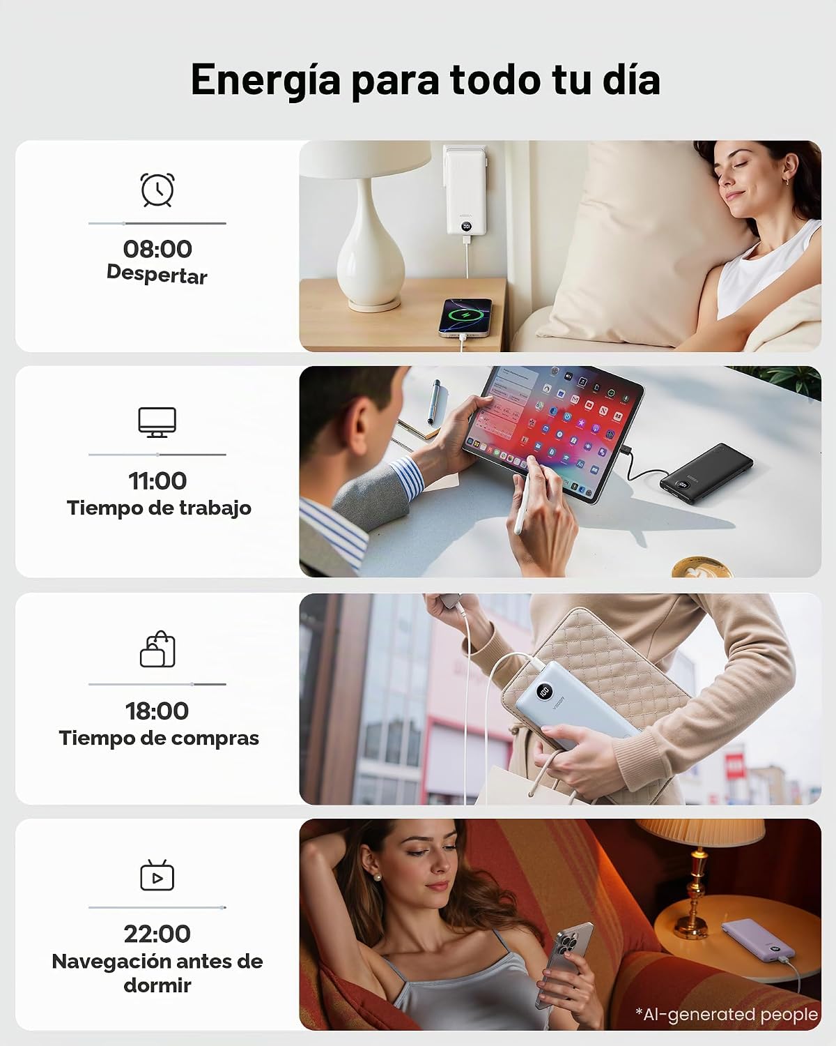 VEGER Cargador portátil, banco de energía de 10000 mAh, enchufe de pared integrado y cables