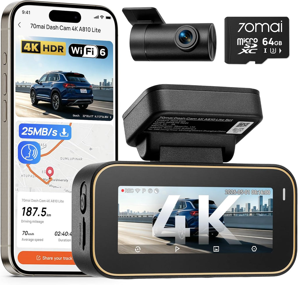 70mai Cámara de tablero A810 Lite 4K frontal y trasera, 5GHz Wi-Fi 6 DashCam, cámara de automóvil acceso remoto 4G LTE, seguimiento GPS, visión nocturna HDR, modo de estacionamiento 24H, control de