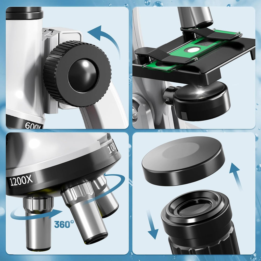 Microscopio para niños, 67 piezas de microscopio científico para niños con microscopio 100X-1200X, diapositivas y herramientas, kit de experimentos científicos, proyecto STEM, juguete de regalo para niños y niñas principiantes 3-5 5-7 8-12