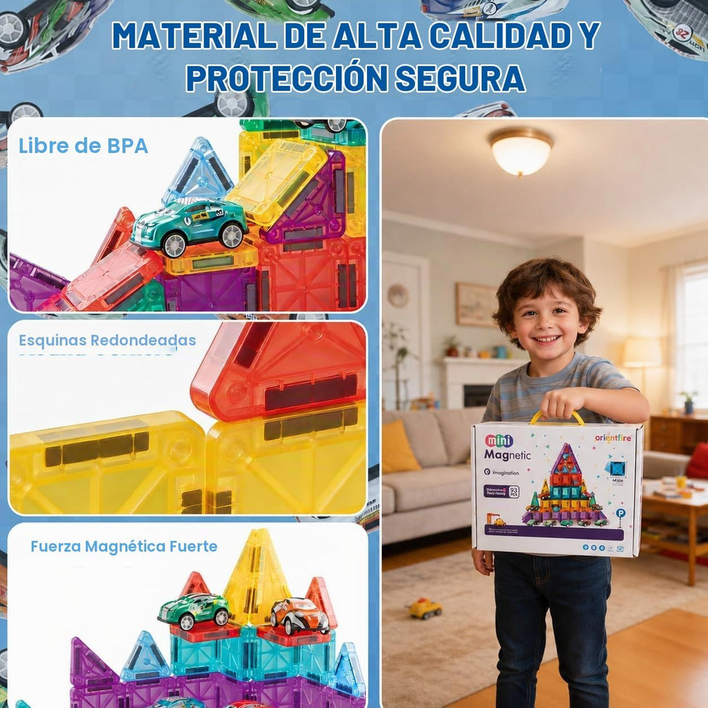 Juego de 93 miniazulejos magnéticos con 12 coches, bloques de construcción