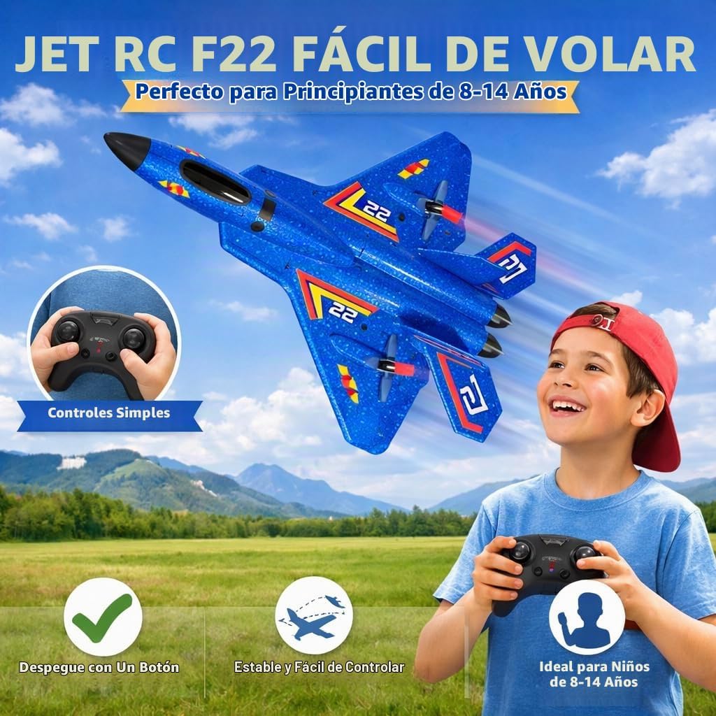 ANTSIR F-22 Avión RC, avión RC de espuma fácil de volar de 2.4 GHz, 2 CH RTF, azul