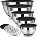 P&P CHEF - Juego de cuencos de mezcla con tapa, 5 piezas de cuencos de acero inoxidable para anidación y almacenamiento de ensaladas, 3 accesorios para rallar y fondos antideslizantes, tamaño 1/1.5/2
