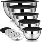 P&P CHEF - Juego de cuencos de mezcla con tapa, 5 piezas de cuencos de acero inoxidable para anidación y almacenamiento de ensaladas, 3 accesorios para rallar y fondos antideslizantes, tamaño 1/1.5/2