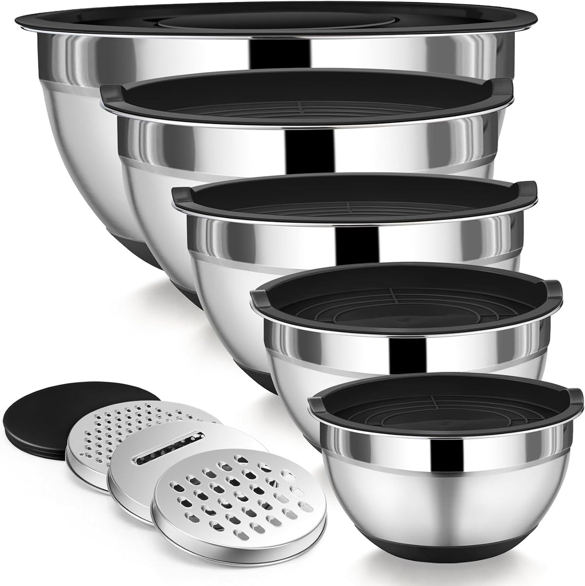 P&P CHEF - Juego de cuencos de mezcla con tapa, 5 piezas de cuencos de acero inoxidable para anidación y almacenamiento de ensaladas, 3 accesorios para rallar y fondos antideslizantes, tamaño 1/1.5/2