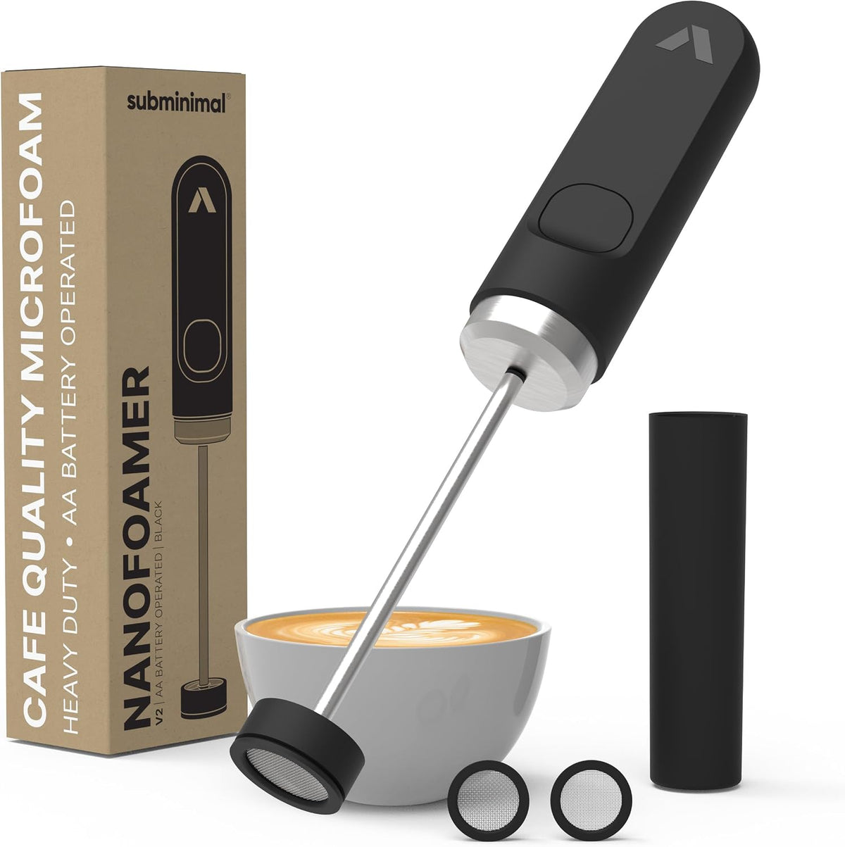 Subminimal NanoFoamer V2 Performance Milk Foamer | NUEVA edición modelo | Impermeable, de doble velocidad, acero inoxidable | Leche microespumada en 30 segundos, bebidas de café estilo barista para el