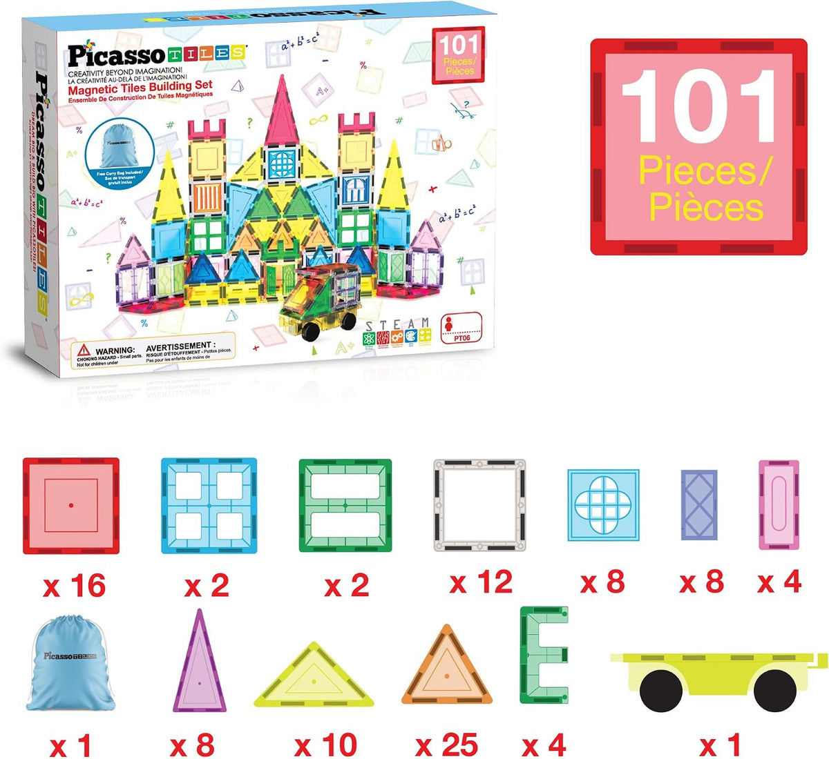 PicassoTiles Juego de 101 piezas de fichas magnéticas con bolsa de almacenamiento duradera Kit de juguetes magnéticos educativos de construcción STEM para niños pequeños, niños en edad preescolar
