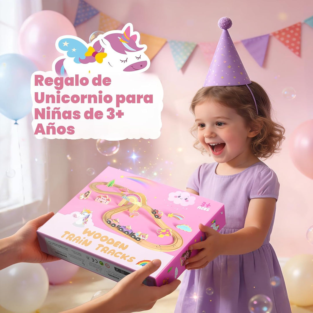 Juego de tren de madera de unicornio para niñas pequeñas de 2 a 4 a...