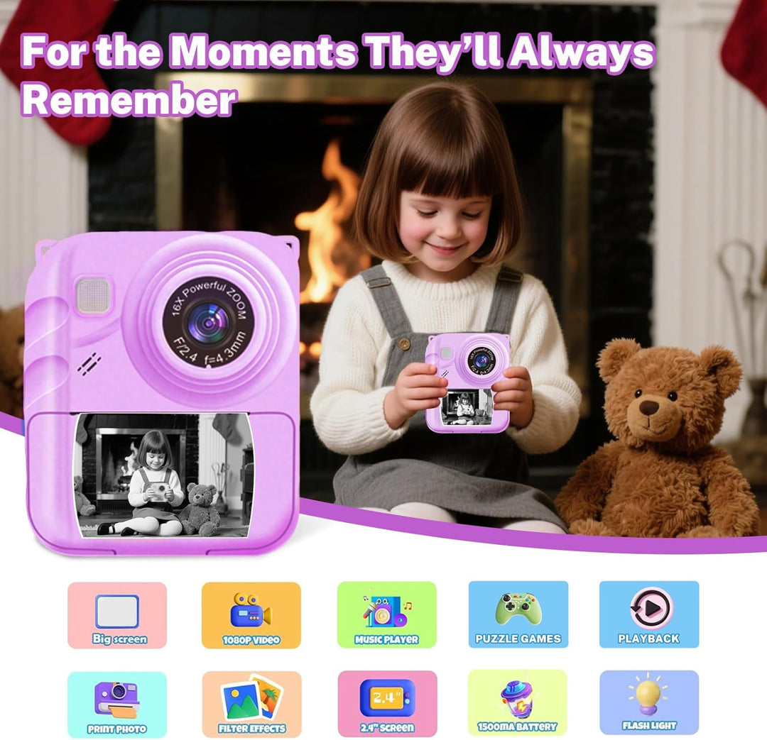Cámara de impresión instantánea para niños, cámara de video 1080P c...