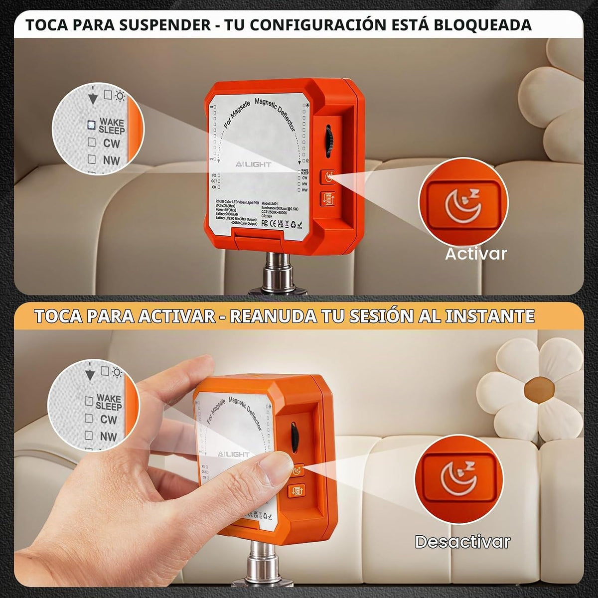 Ailight Luz de vídeo LED magnética, CRI 98+ 2500-9000K - Naranja