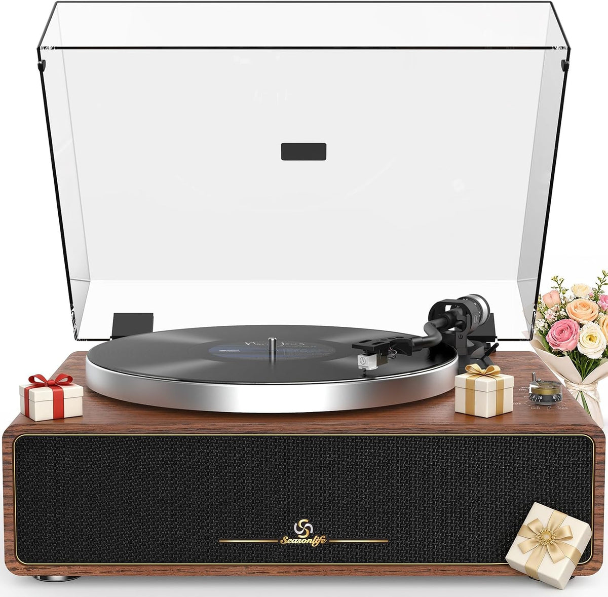 Seasonlife® Tocadiscos todo en uno con 4 altavoces y Bluetooth, marrón