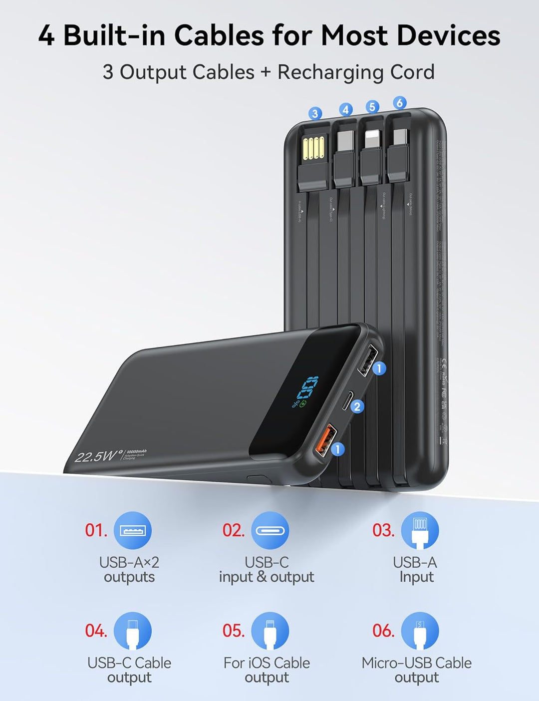 Cargador portátil de 10000 mAh integrado con 4 cables, cargador de...