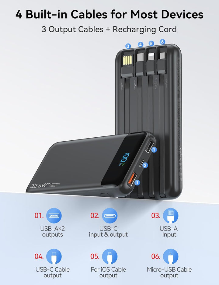 Cargador portátil de 10000 mAh integrado con 4 cables, cargador de...