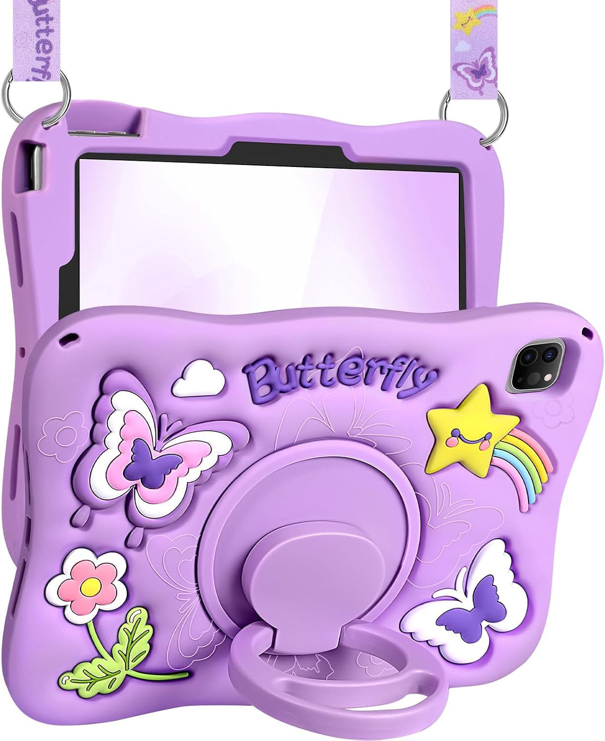 para iPad Air de 11 Pulgadas Funda M3 2025/M2 2024, Pro 11'' 4ª/3ª/2ª/1ª, Air de 5ª/4ª Generación - Linda Funda Kawaii para Niñas con Diseño 3D de Mariposas Moradas Giratorias y Correa de