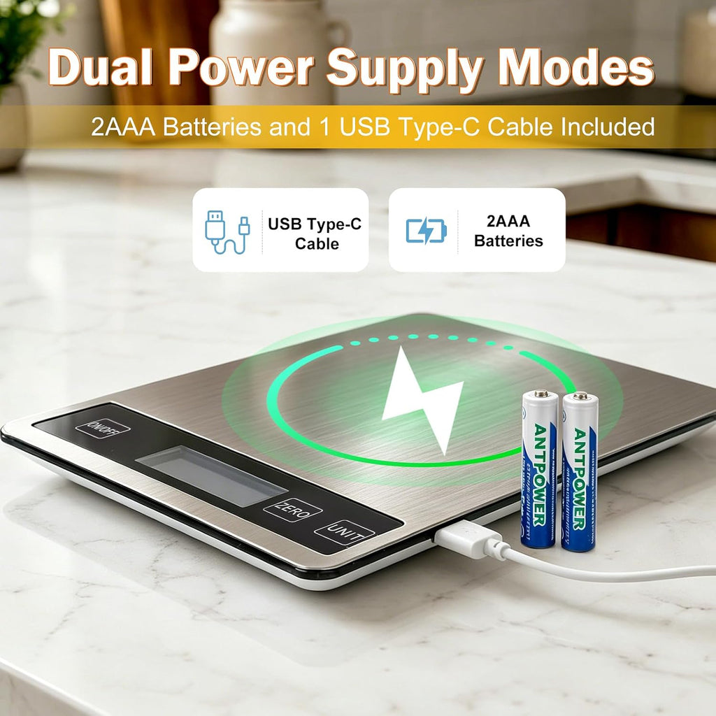 Báscula de alimentos de 33 libras, báscula digital de cocina con baterías y carga USB, graduación precisa de 1g/0.05oz, acero inoxidable impermeable con pantalla LCD, peso en gramos y onzas para