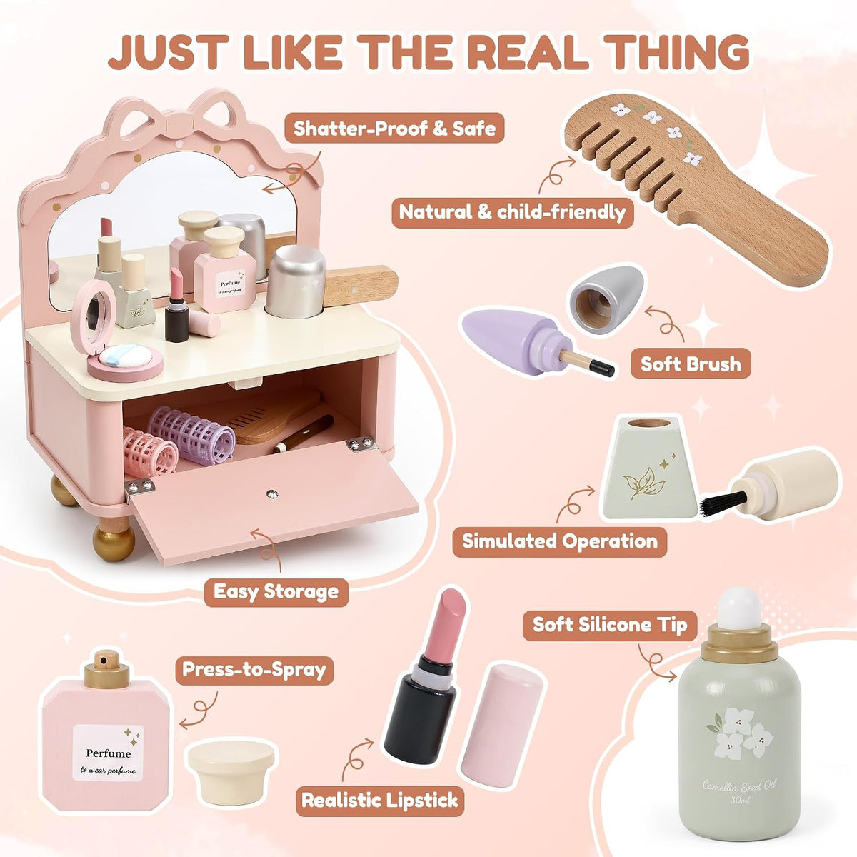 Juego de tocador de madera, kit de maquillaje para niños y niñas