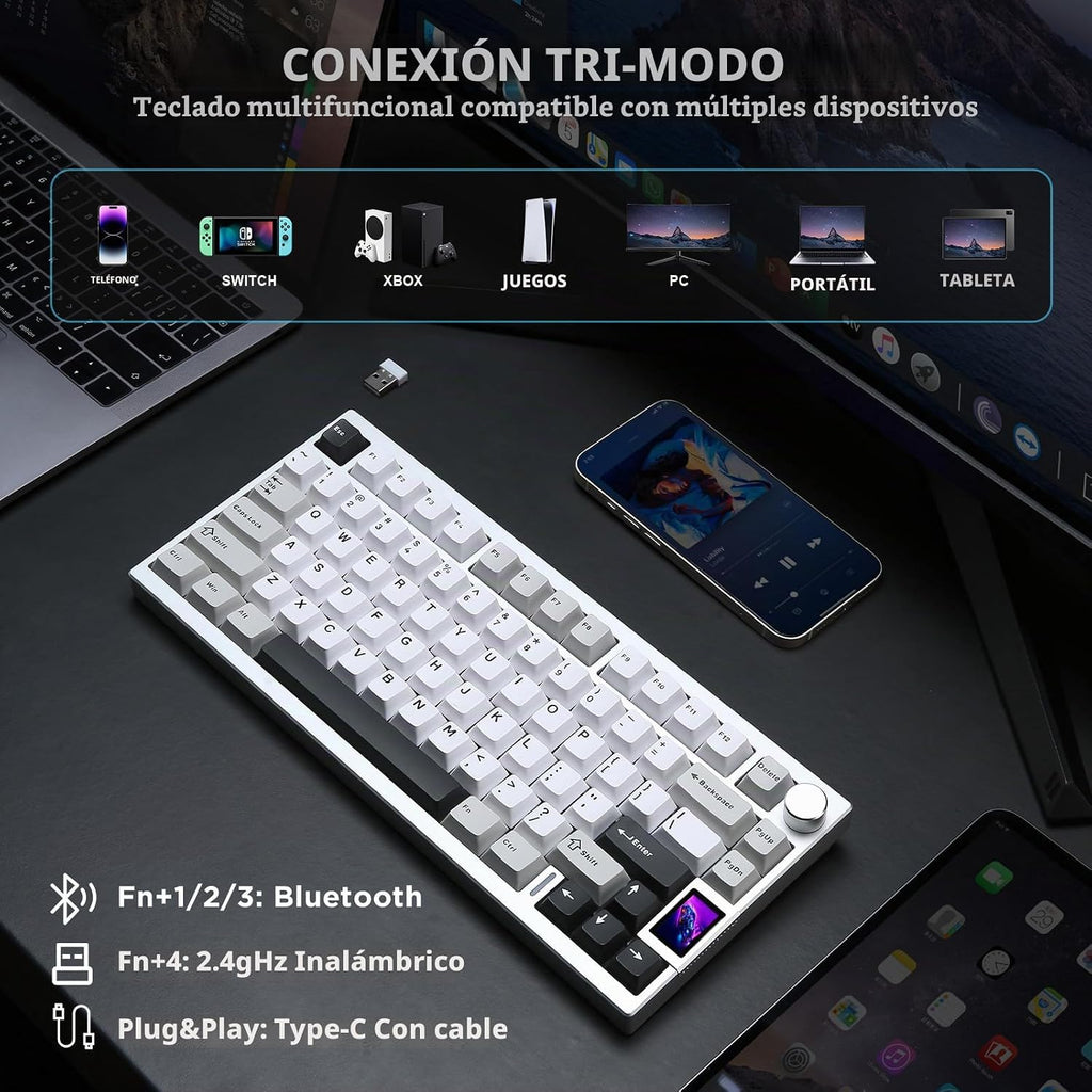 YUNZII AL80 75% Teclado mecánico inalámbrico de aluminio (Silver, Cocoa Cream)