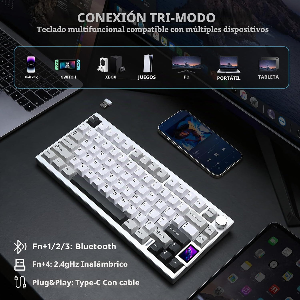 YUNZII AL80 75% Teclado mecánico inalámbrico de aluminio (Silver, Cocoa Cream)