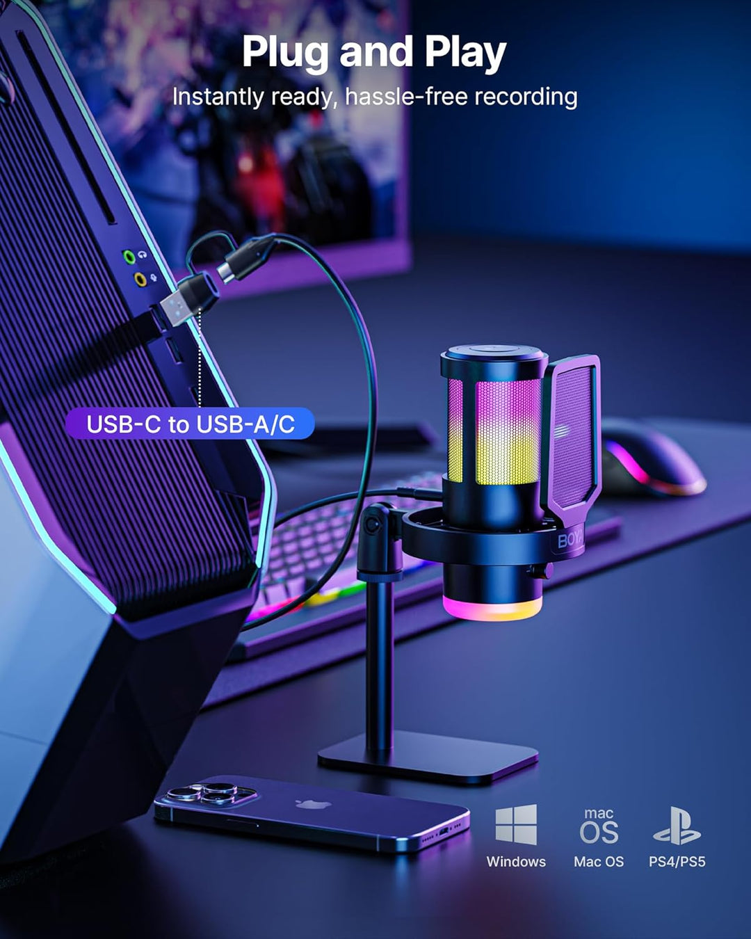 BOYA Micrófono USB para juegos, 192 kHz\/24 bits, supercardioide +...