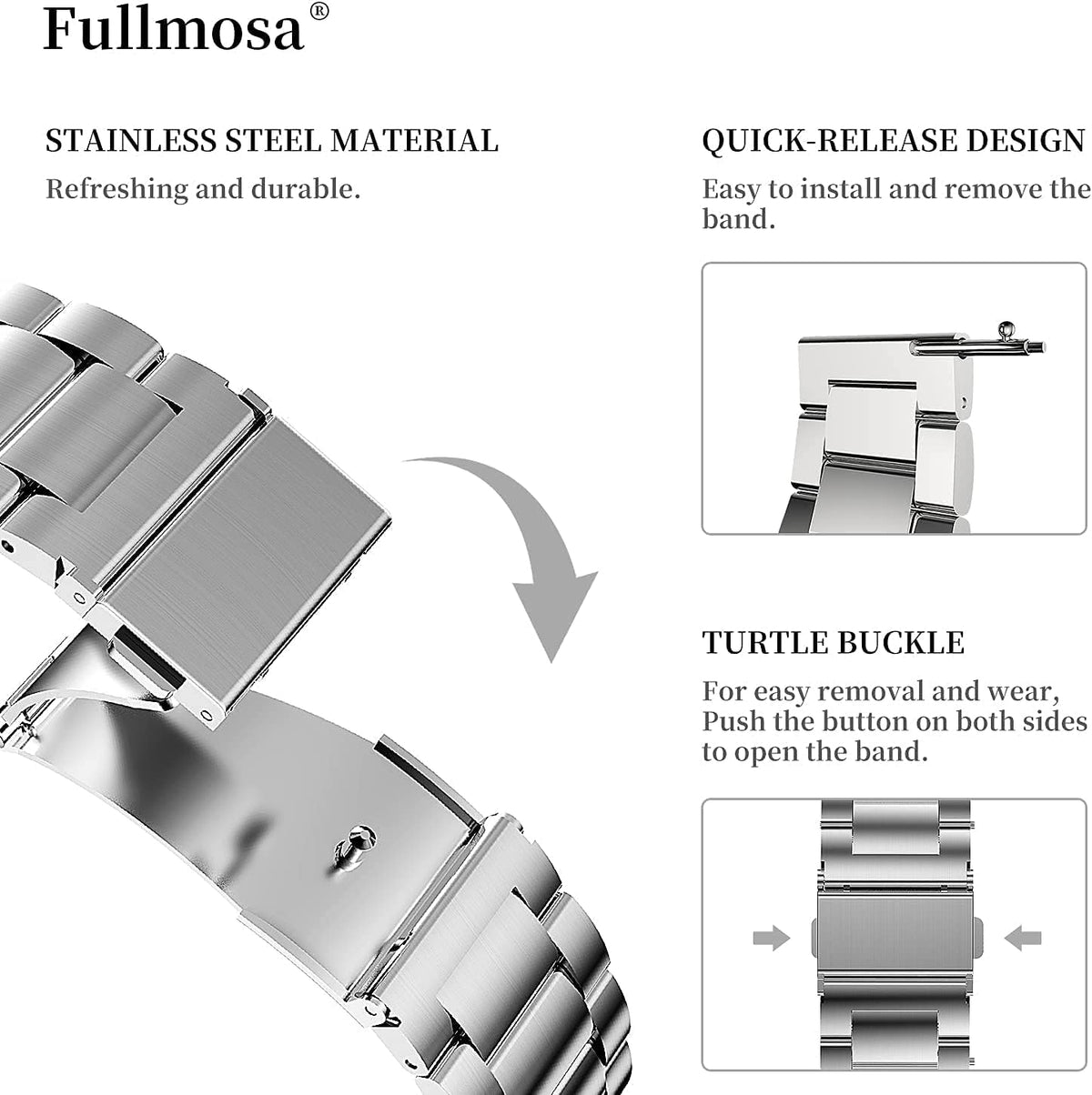 Fullmosa Correa de reloj de liberación rápida de acero inoxidable de 0.787 in y correa de reloj de cuero de silicona de 0.787 in marrón+hebilla negra, Classic