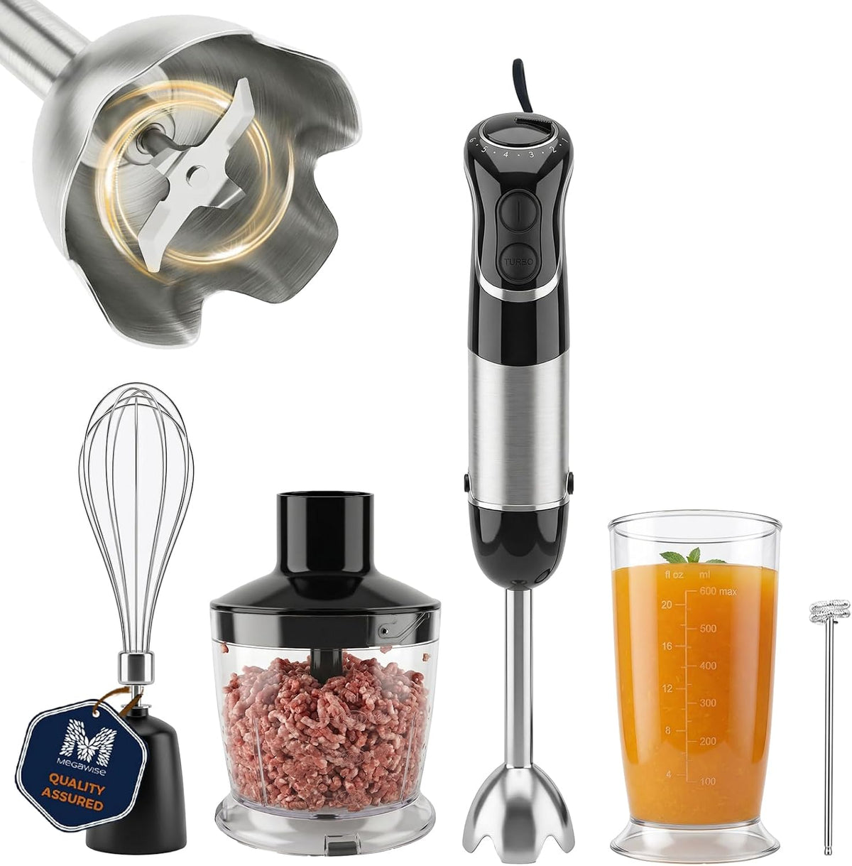 MEGAWISE Batidora de mano de inmersión, 800W 5-en-1 Stick Blender (negro)