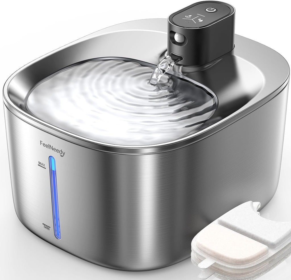 FEELNEEDY Fuente de agua inalámbrica para gatos de acero inoxidable con sensor, batería de 4000mAh, fuente de agua para mascotas de 4L/135 fl oz para gatos y perros, fuente de agua para gatos ultra
