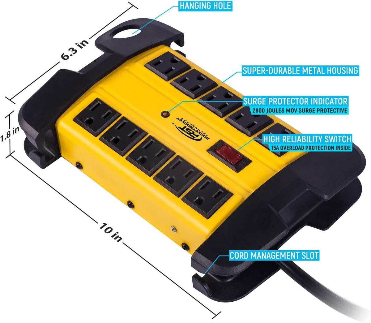 Tira de alimentación resistente con protector contra sobretensiones de 10 tomas, tira de alimentación industrial de metal con 2800 julios, interruptor de circuito de 15A, cable de extensión de 6