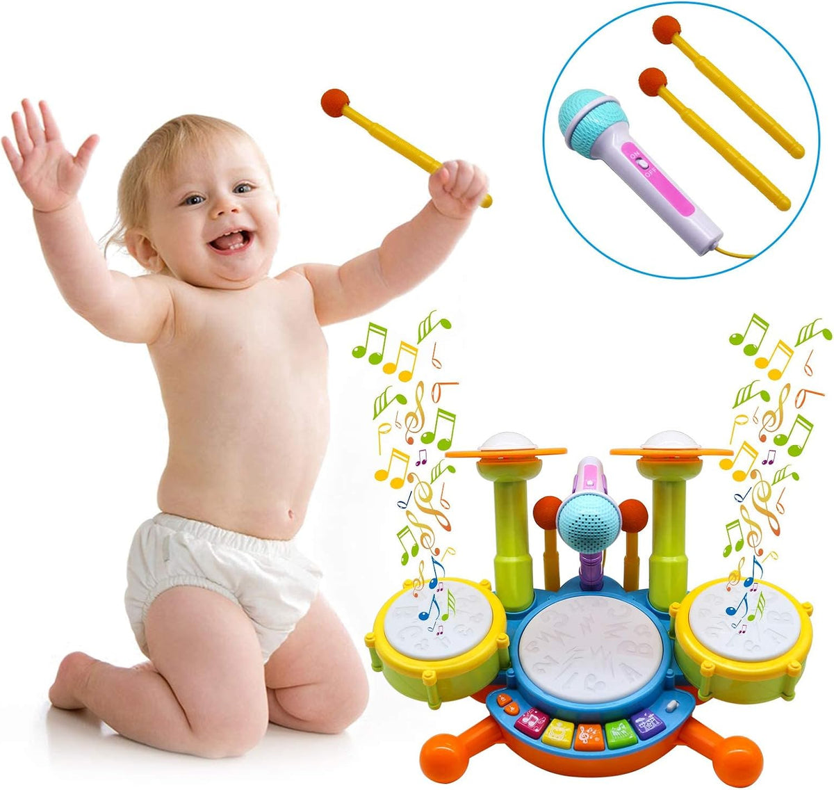 Juego de batería para niños pequeños, instrumentos musicales para niños, juguetes para regalos de cumpleaños de niños, kit de batería eléctrica para bebés y niñas